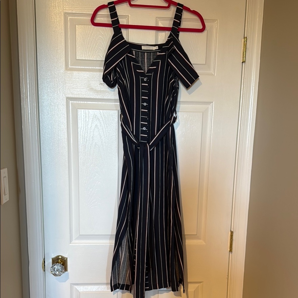 Lush Nordstrom navy maroon white stripe off the shoulder dress with toe waist L